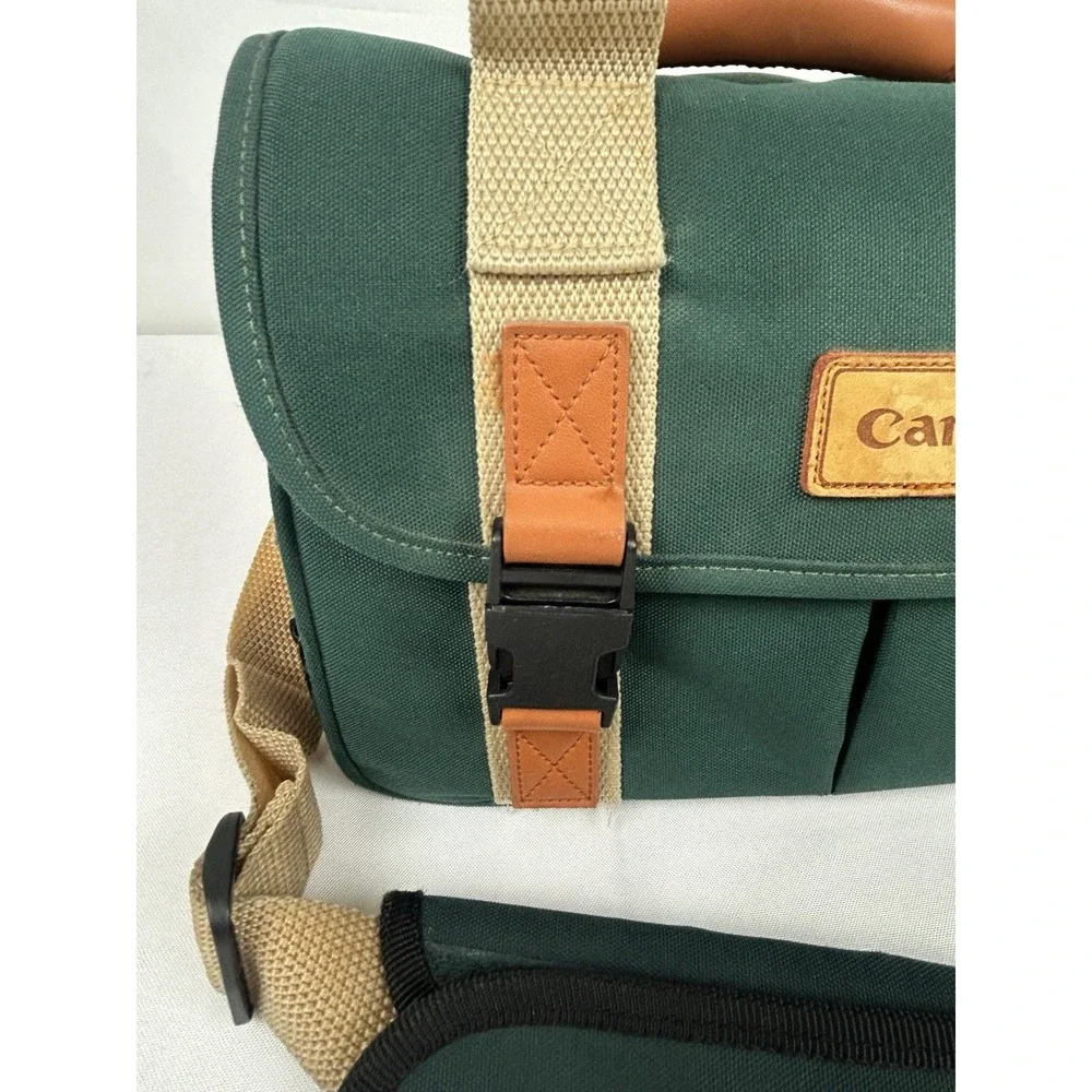 Vintage Canon Camera Bag Green Canvas Leather Trim Strap 12 x 9 x 7 Padded Case